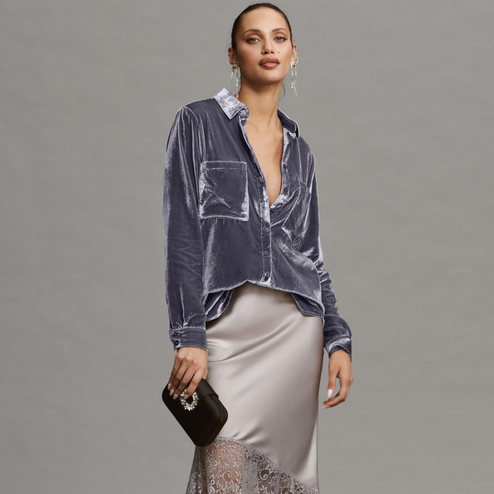 Anthropologie Pilcro Hadley Relaxed Velvet Buttondown Shirt XXS